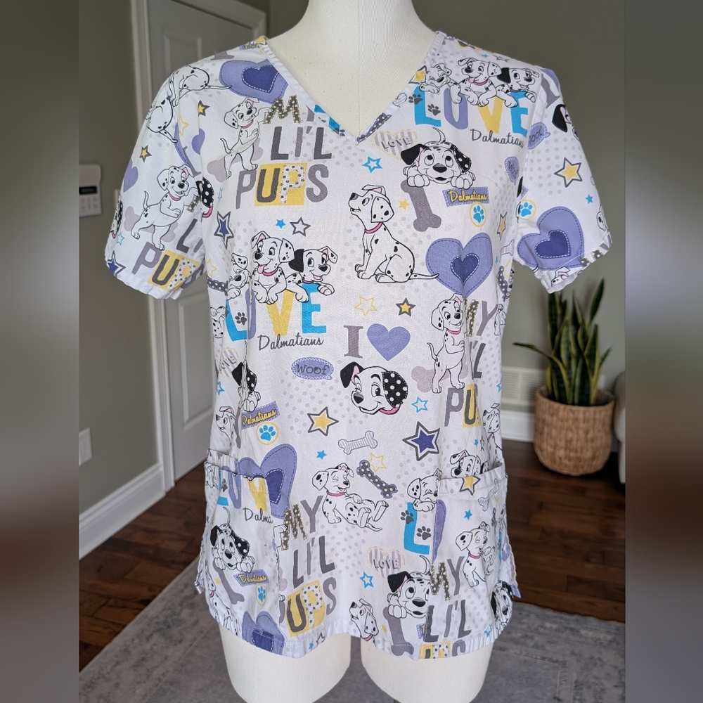 Disney 101 Dalmatians Scrub Top Cotton V-Neck Nurse Vet Uniform Size S
